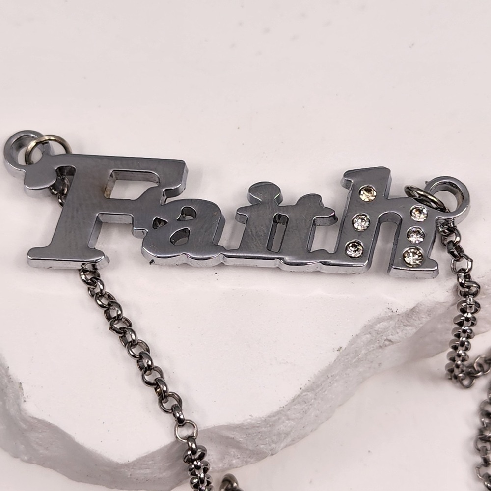 Faith Silver Tone Rhinestone Necklace Spiritual Inspirational Word Pendant Gift